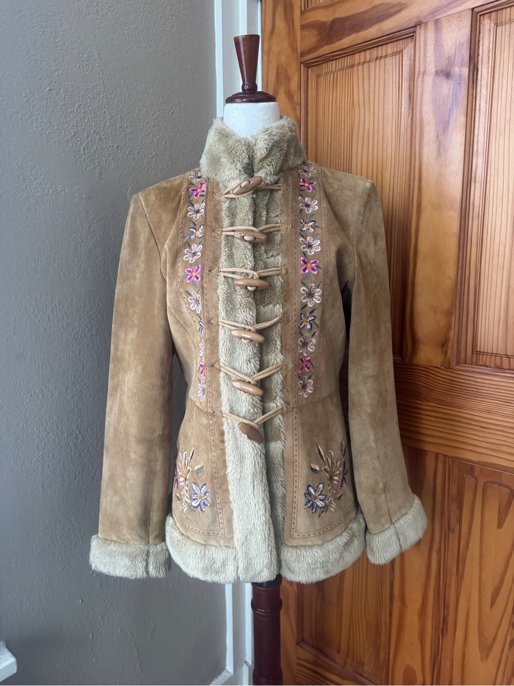 Suede Toggle Teddy Jacket in Tan with Floral Embroidery